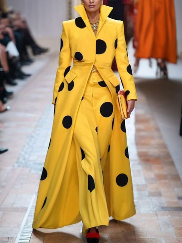 Polka-Dot Split-Joint Long Sleeves Loose Lapel Woolen Coat