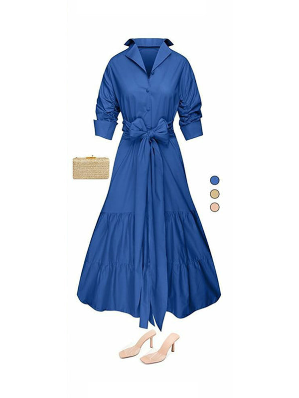 Belted Solid Color Half Sleeves Lapel Collar Shirt Dress Maxi Dresses