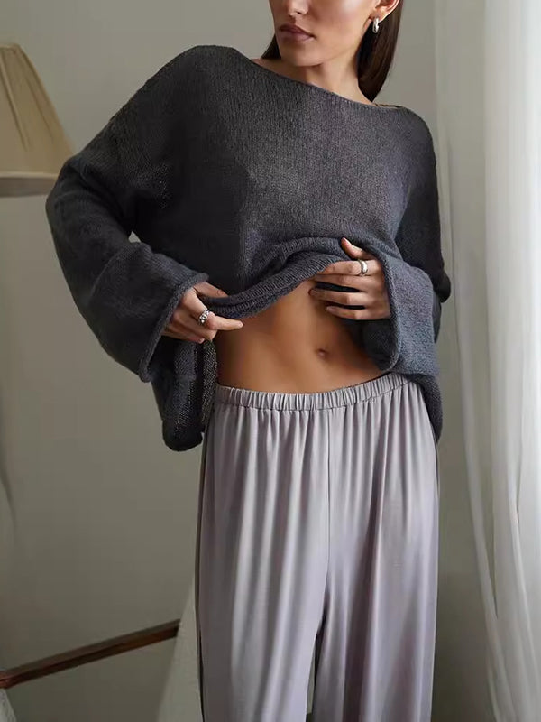 See-Through Solid Color Split-Joint Long Sleeves Loose Round-Neck Sweater Tops