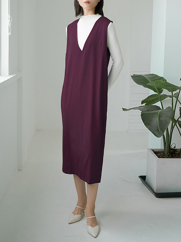 Casual A-Line Sleeveless Solid Color V-Neck Midi Dresses