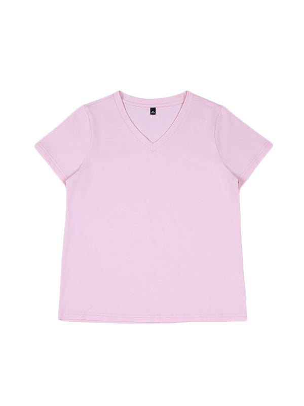 Solid Color Loose Short Sleeves V-Neck T-Shirts Tops