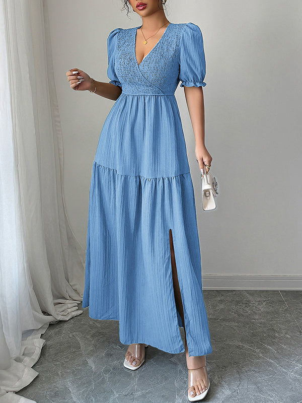 Pleated Solid Color Split-Front Half Sleeves High Waisted V-Neck Maxi Dresses