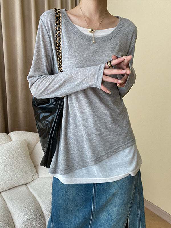 Asymmetric Contrast Color Split-Joint Fake Two-Piece Long Sleeves Round-Neck T-Shirts