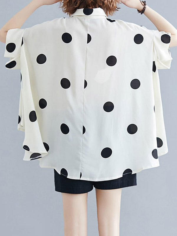 Buttoned Polka-Dot Batwing Sleeves Half Sleeves Lapel Blouses&Shirts Tops