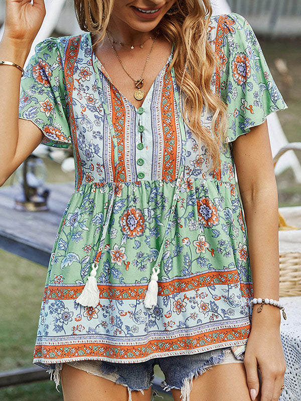 Buttoned Flower Print Split-Joint Tasseled Tied Loose Short Sleeves V-Neck T-Shirts Tops