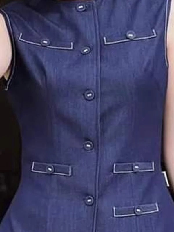 Buttoned Pockets Solid Color Loose Sleeveless Round-Neck Vest Top