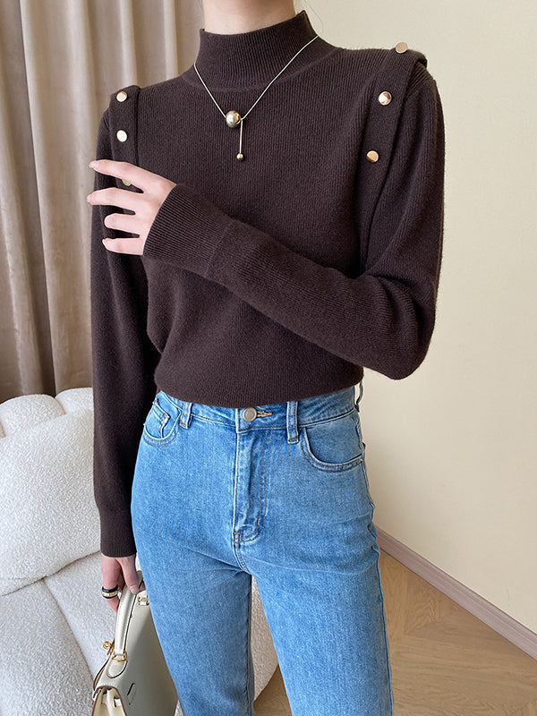 Buttoned Split-Joint Long Sleeves High-Neck Sweater Tops