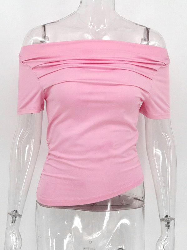 Pleated Solid Color Split-Joint Short Sleeves Skinny Boat Neck T-shirts