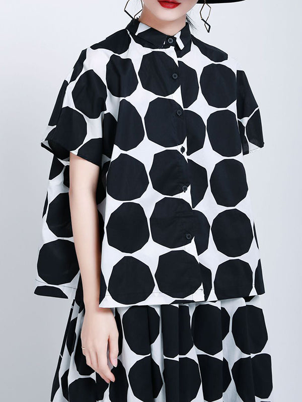 Mock Neck Buttoned Pockets Polka-Dot Blouses Top + A-Line High Waisted Skirts Bottom Two Pieces Set