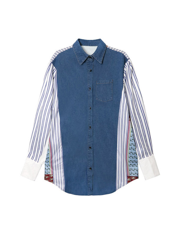Buttoned Contrast Color Pockets Split-Joint Striped Long Sleeves Loose Lapel Blouses&Shirts Tops