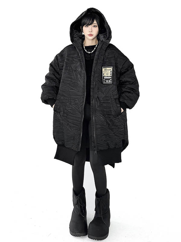 Abstract Printed Contrast Color Split-Joint Zipper High-Low Irregularity Hooded Overcoat Outerwear