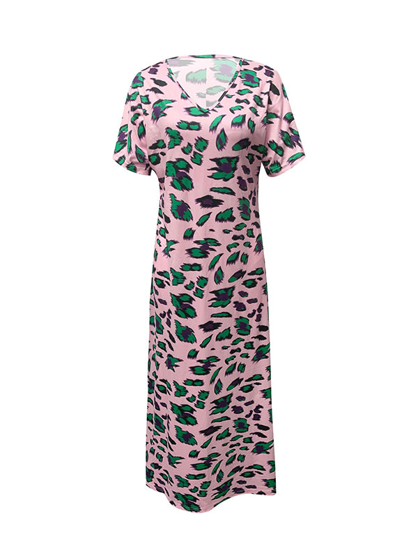 Printed Split-Side Loose Short Sleeves V-Neck Maxi Dresses