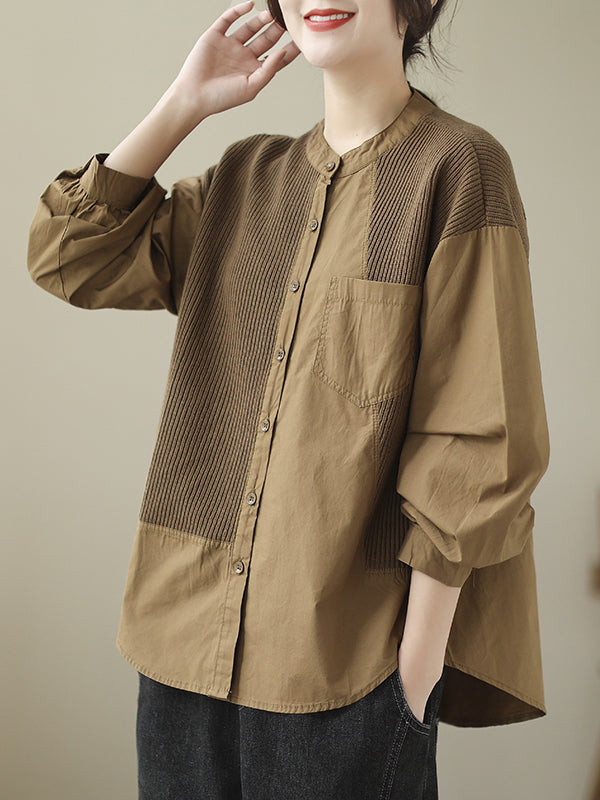 Asymmetric Buttoned Pockets Split-Joint Long Sleeves Loose Round-Neck Blouses&Shirts Tops