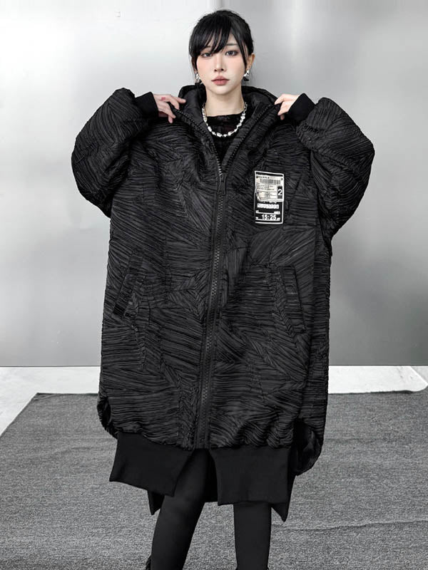 Abstract Printed Contrast Color Split-Joint Zipper High-Low Irregularity Hooded Overcoat Outerwear