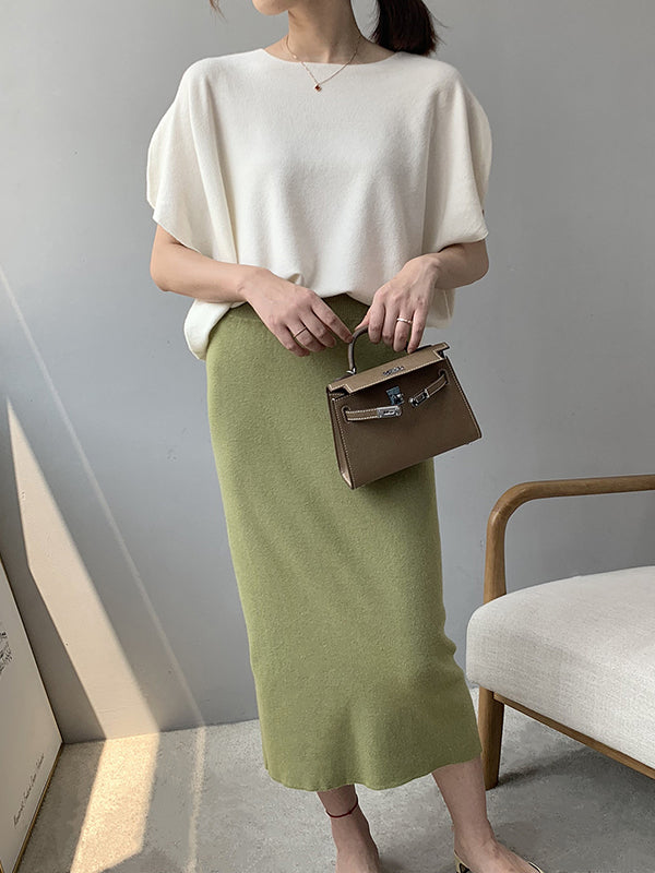 Solid Color Half Sleeves Loose Off-The-Shoulder Sweater Tops Pullovers Knitwear