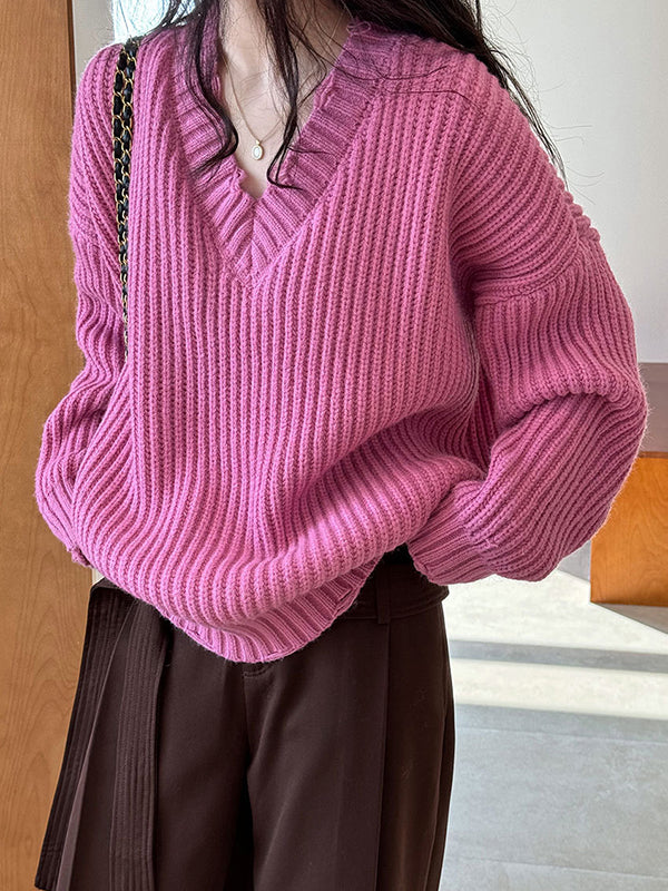 Hollow Solid Color Long Sleeves Loose V-Neck Sweater Tops Pullovers