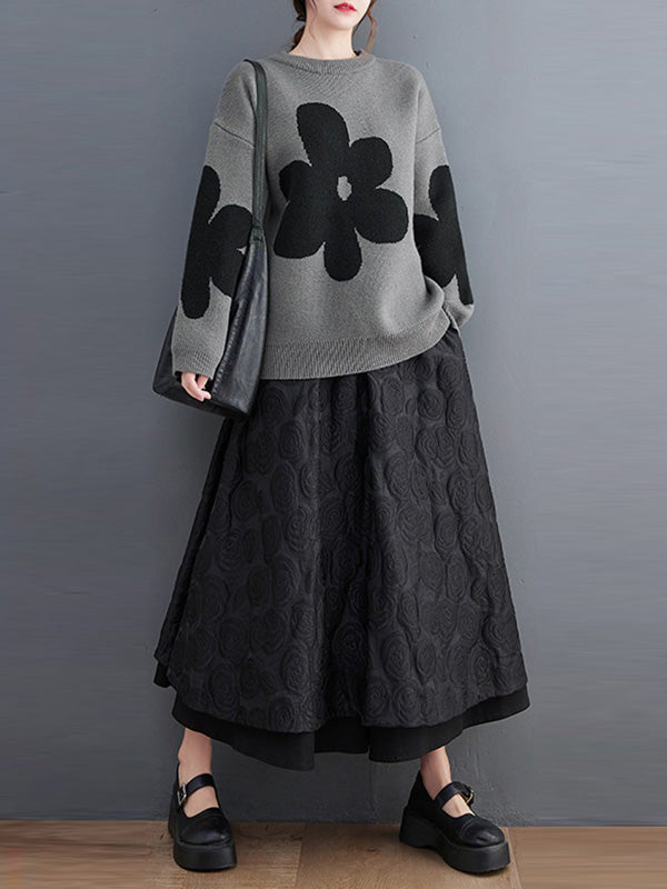 Casual Long Sleeves Loose Contrast Color Jacquard Round-Neck Pullovers