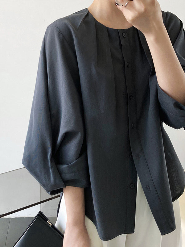 Pleated See-Through Solid Color Split-Joint High-Low Loose Round-Neck Blouses