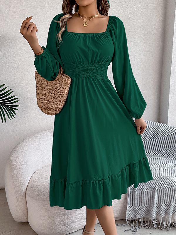 Pleated Ruffled Solid Color A-Line Elasticated Waist Square-Neck Midi Dresses