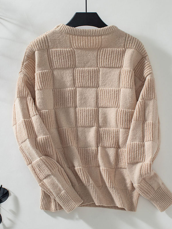 Solid Color Split-Joint Long Sleeves Loose Round-Neck Sweater Tops Pullovers