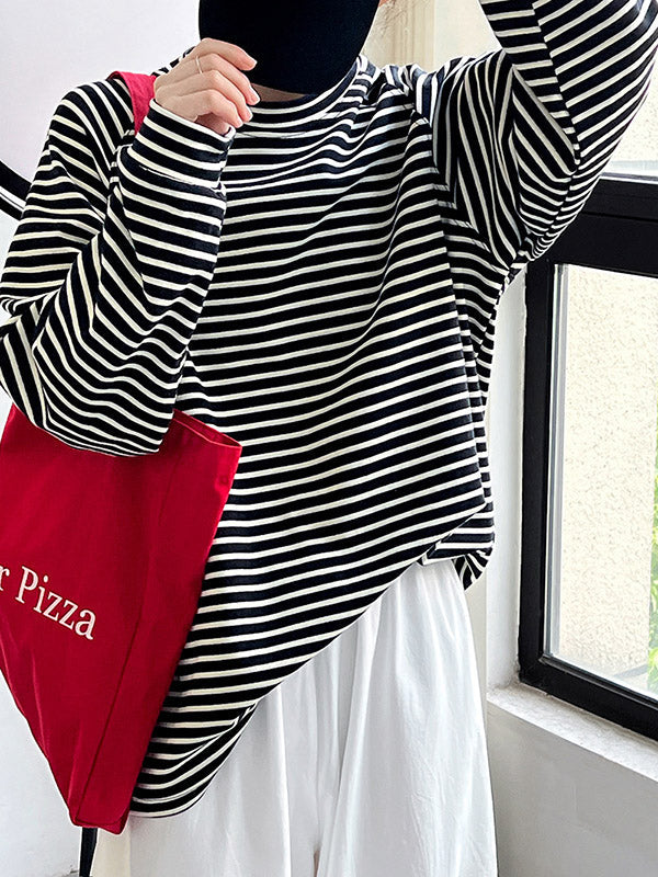 Contrast Color Striped Long Sleeves Loose Round-neck Sweatshirt Tops