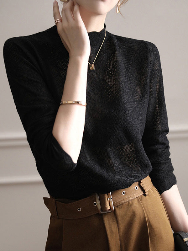 Hollow Jacquard Solid Color Long Sleeves T-Shirts Tops Knitwear