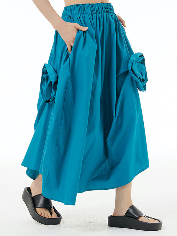 Asymmetric Elasticity Solid Color Three-Dimensional Flower Loose Skirts Bottoms
