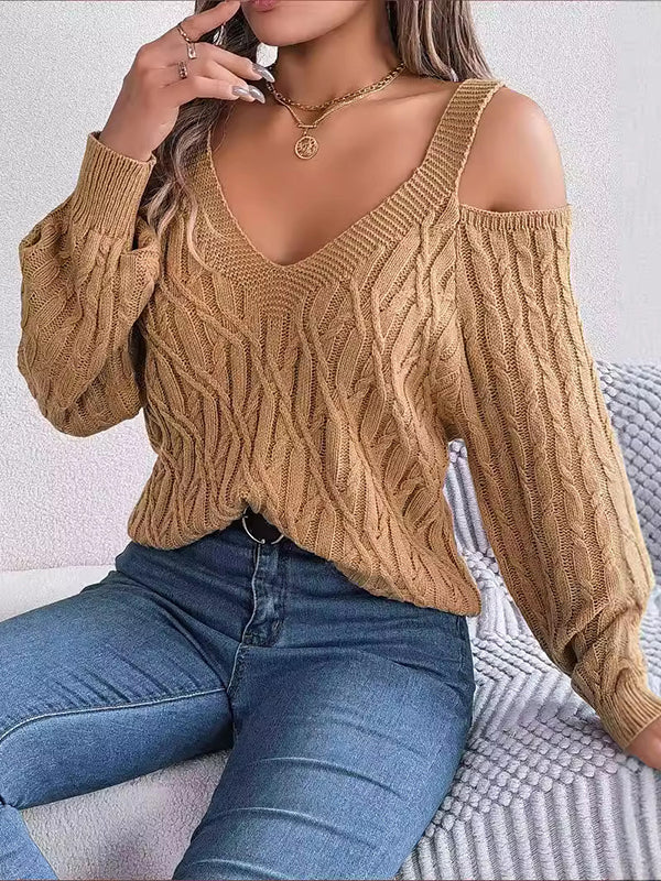 Cable Knit Solid Color Long Sleeves Loose Cold shoulder Sweater Tops