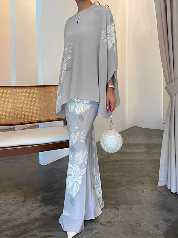 Floral Printed Hollow Split-Joint Batwing Sleeves Loose Round-Neck Blouses