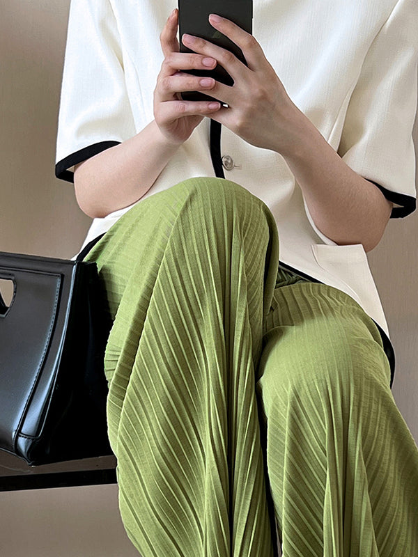 Pleated Solid Color Wide Leg Pants Bottoms