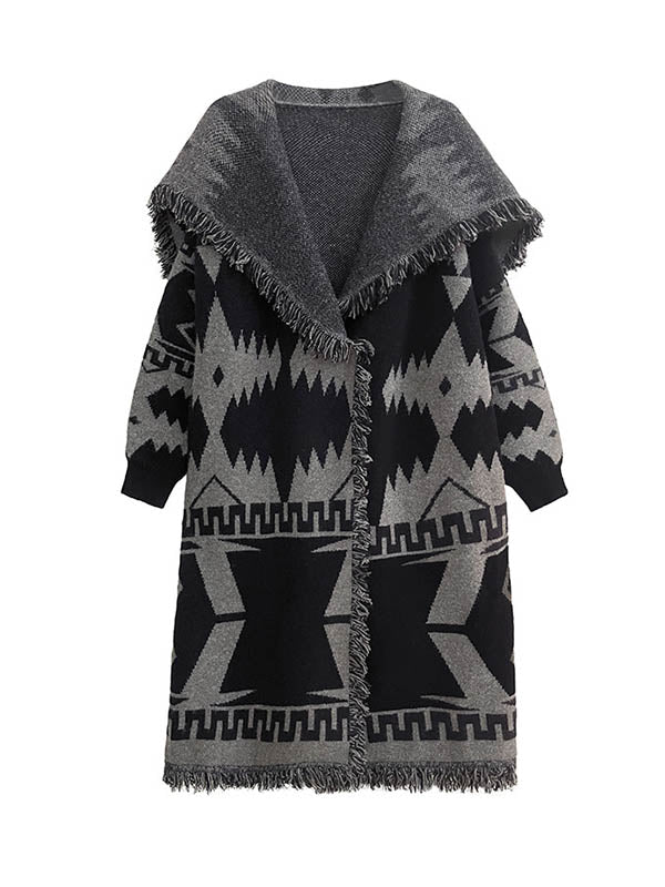 Contrast Color Geometric Split-Joint Tasseled Long Sleeves Loose Lapel Overcoat Outerwear
