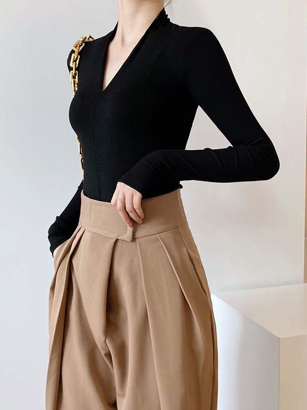 Original V-Neck Solid Color Slim T-Shirts Tops