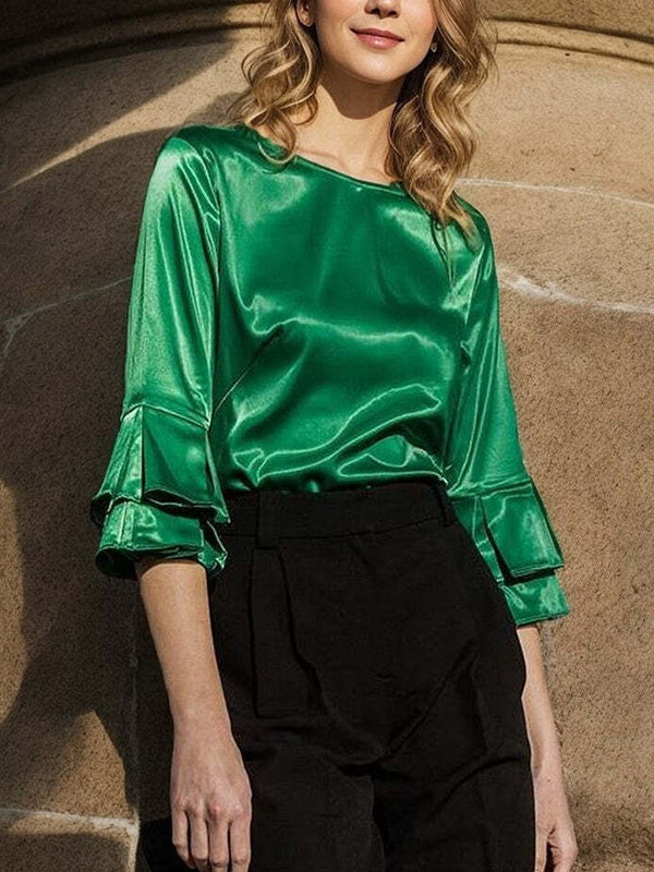 Pleated Solid Color Split-Joint Flared Sleeves Long Sleeves Round-Neck T-Shirts Tops