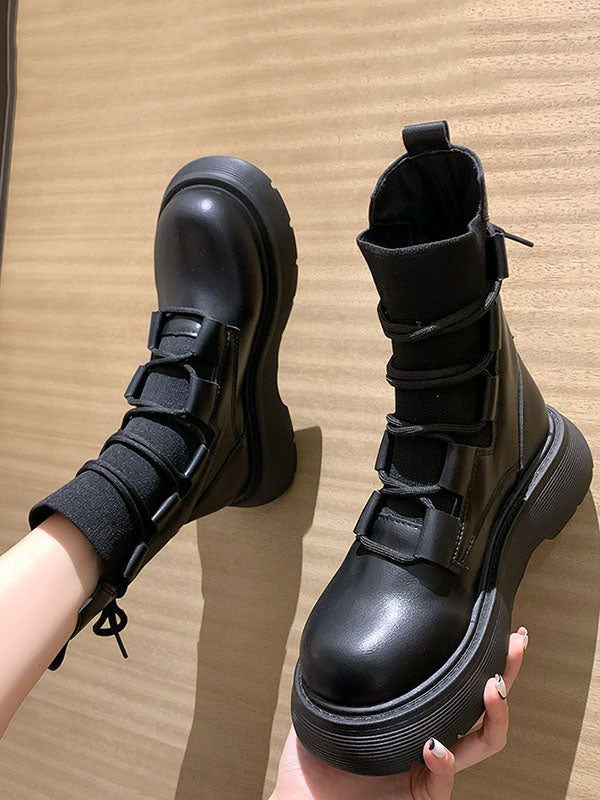 Lace-Up Round-Toe Solid Color Split-Joint Platform Shoes Dr. Martens Boots Boots
