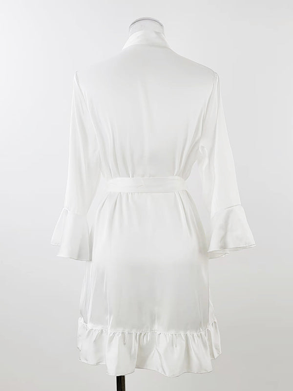 Falbala Ribbed Solid Color Loose V-neck Robes Intimates&Pajamas