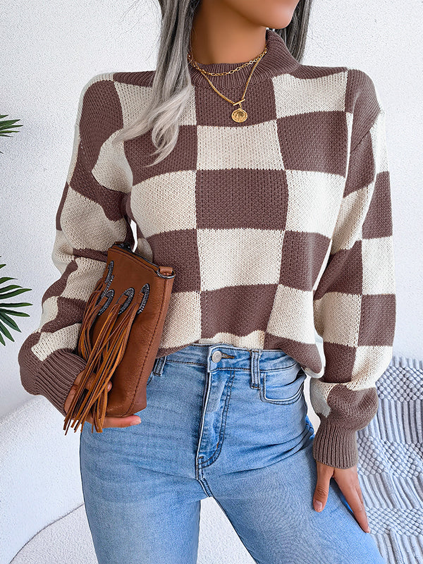 Contrast Color Plaid Long Sleeves Loose Round-Neck Sweater Tops