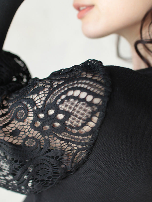Original Loose Hollow Lace Round-Neck Long Puff Sleeves Sweater Pullovers