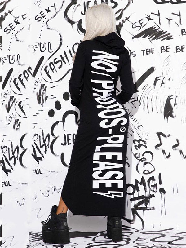 Letter Print Long Sleeves Hooded Maxi Dresses