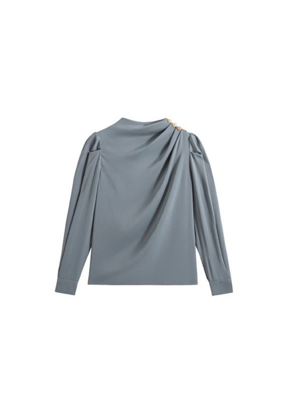 Pleated Split-Joint Loose Puff Sleeves High Neck Blouses&shirts Tops