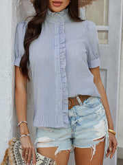 Buttoned Ruffle Trim Striped Loose Puff Sleeves Stand Collar Blouses&shirts Tops