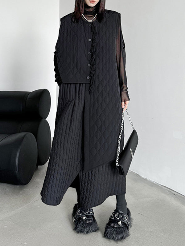 Asymmetric Buttoned Quilted Solid Color Tasseled Loose Sleeveless U-neck Padded Vest