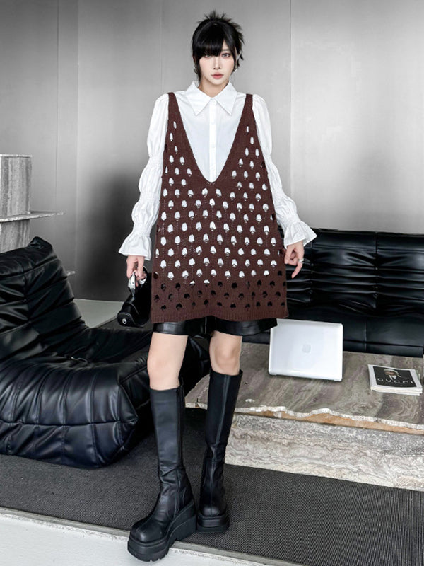 Hollow Solid Color Loose Sleeveless V-Neck Vest Top