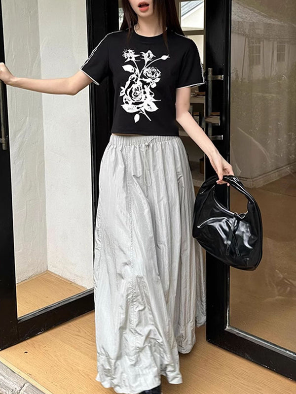 Drawstring Elasticity Solid Color Split-Joint A-line High Waisted Skirts