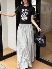 Drawstring Elasticity Solid Color Split-Joint A-line High Waisted Skirts
