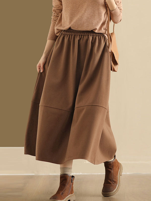 Elasticity Pockets Solid Color A-Line Loose Skirts Bottoms