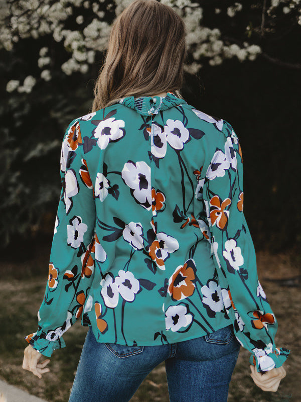 Stylish Selection Long Sleeves Loose Printed Pleated Half Turtleneck Blouses&Shirts Tops