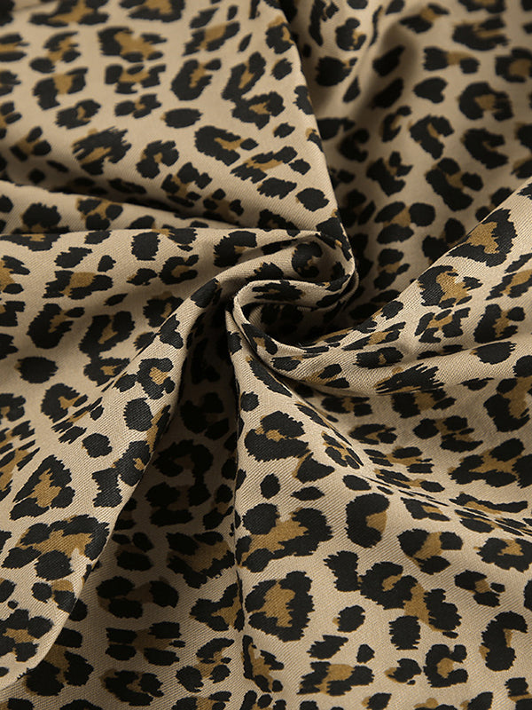 Leopard Printed Split-Joint High Waisted Loose Trousers Pants