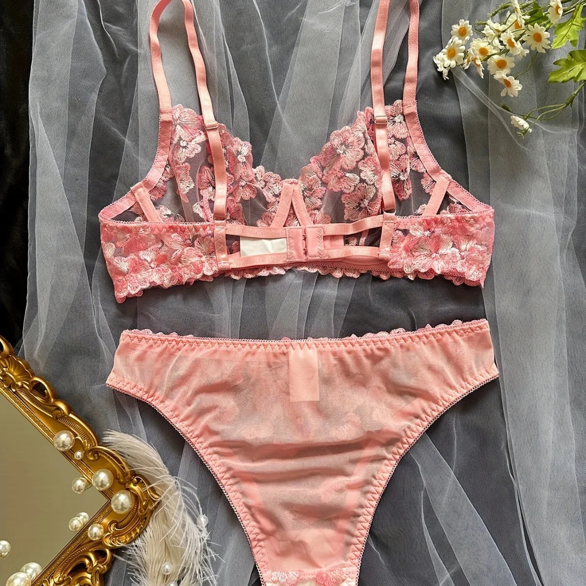 Autumn Sale French Flower Embroidery See Through Bra Panty Multicolors Gorgeous Exquisite Lingerie Set