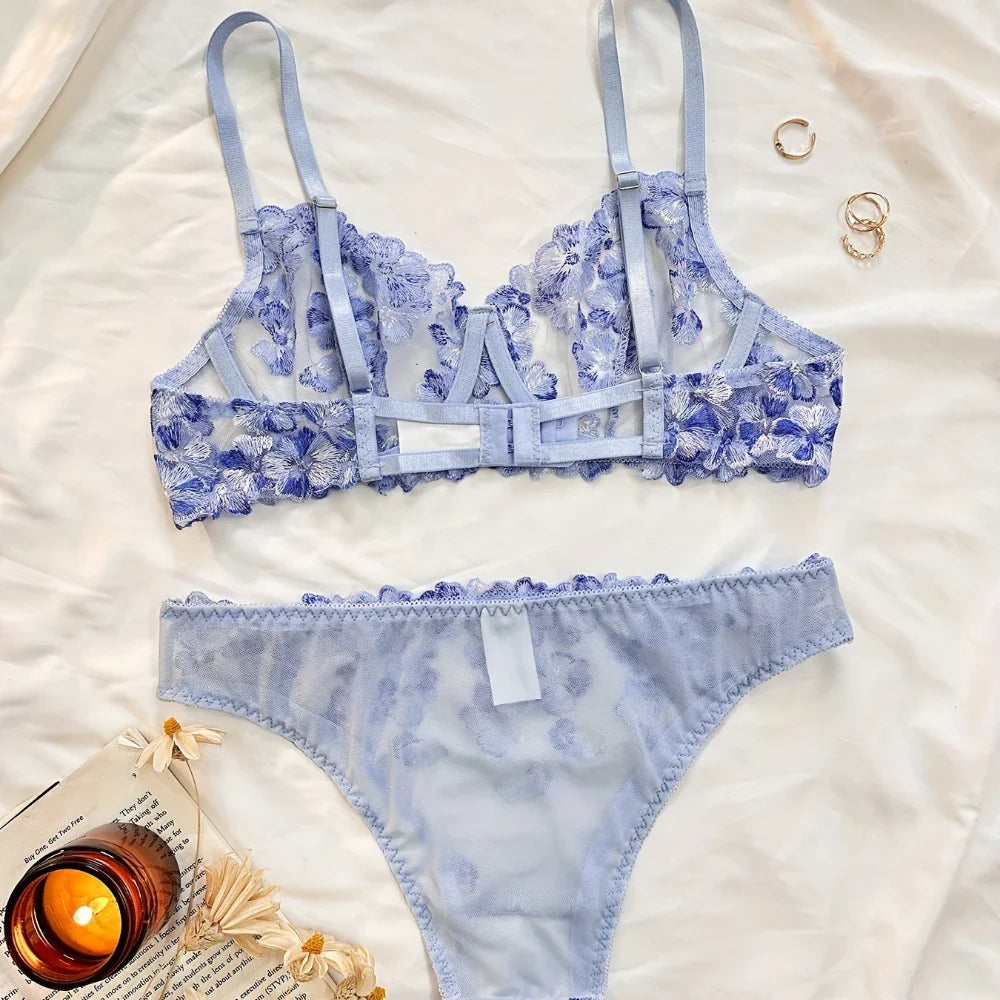Autumn Sale French Flower Embroidery See Through Bra Panty Multicolors Gorgeous Exquisite Lingerie Set