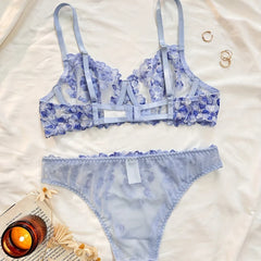 Autumn Sale French Flower Embroidery See Through Bra Panty Multicolors Gorgeous Exquisite Lingerie Set